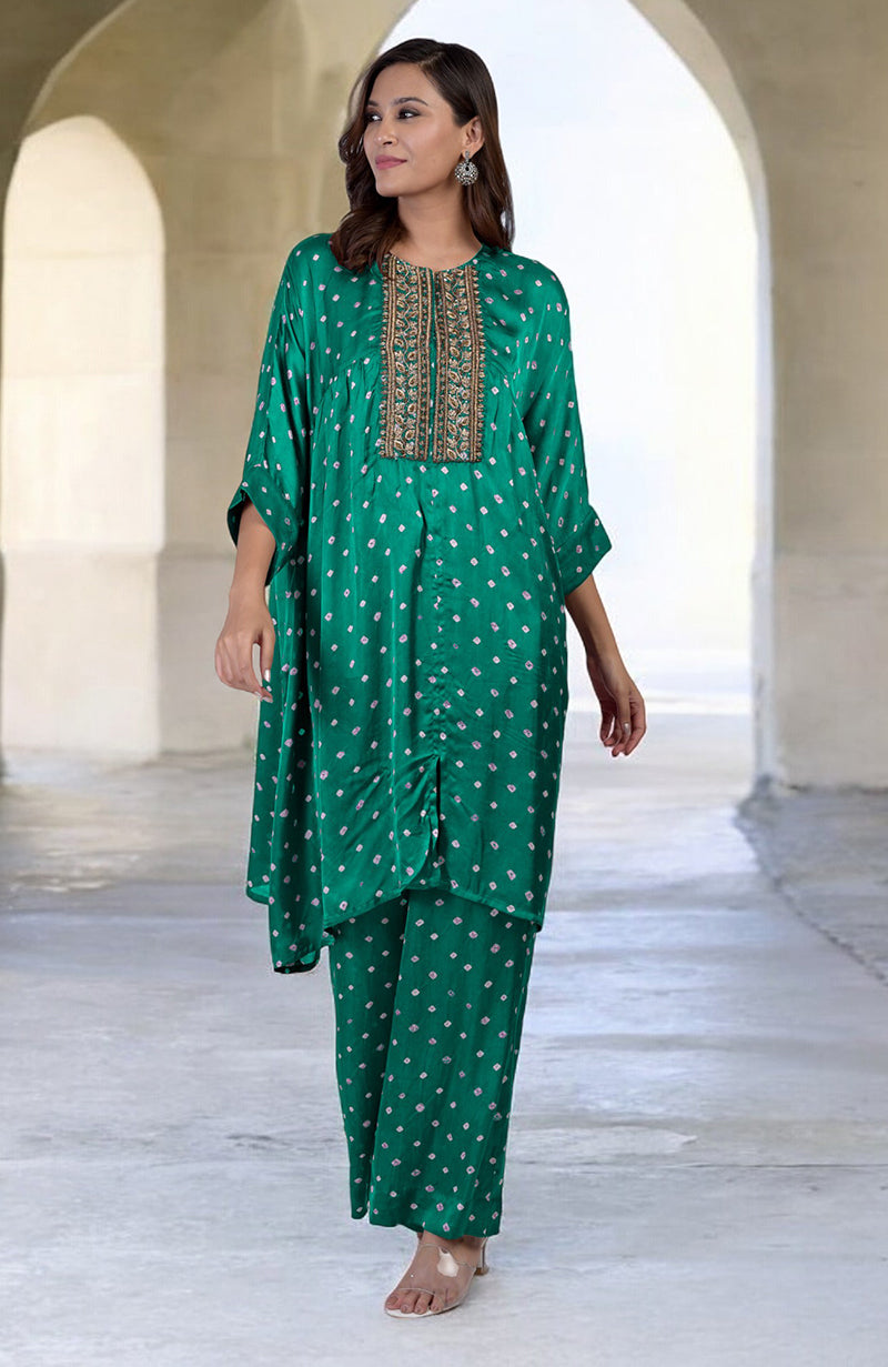 Plum handcrafted bandhej embroidered co-ord set with floral zardozi embroidery.