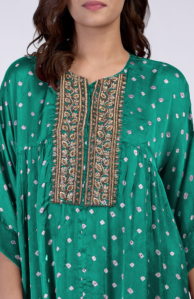 Emerald green bandhej co-ord set with floral zardozi embroidery on the placket.