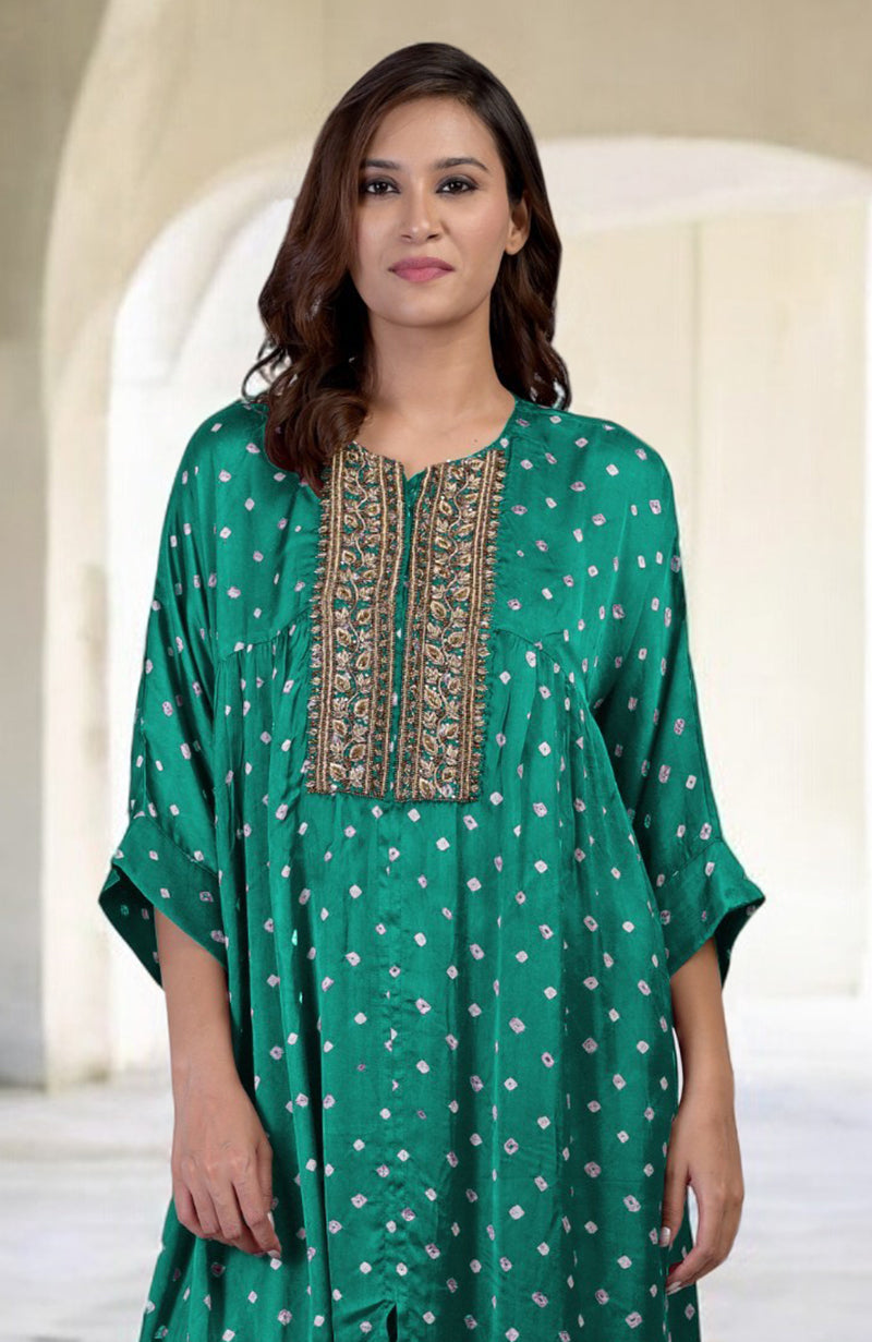 Emerald green handcrafted bandhej co-ord set with floral zardozi embroidery.