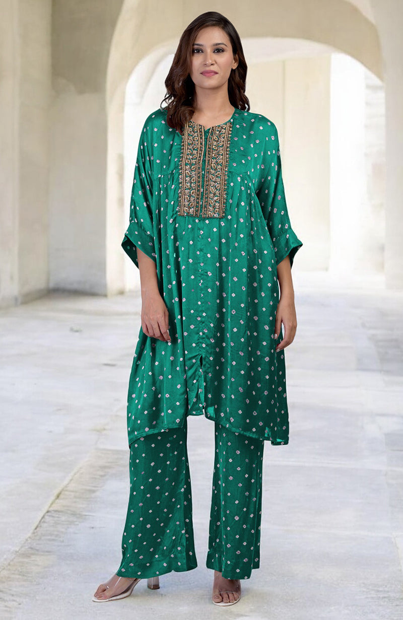 Emerald green bandhej co-ord set with floral zardozi embroidery.