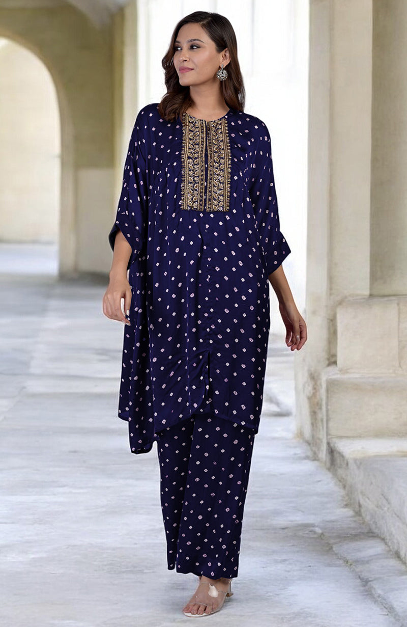 Navy blue bandhej co-ord set with floral zardozi embroidery.