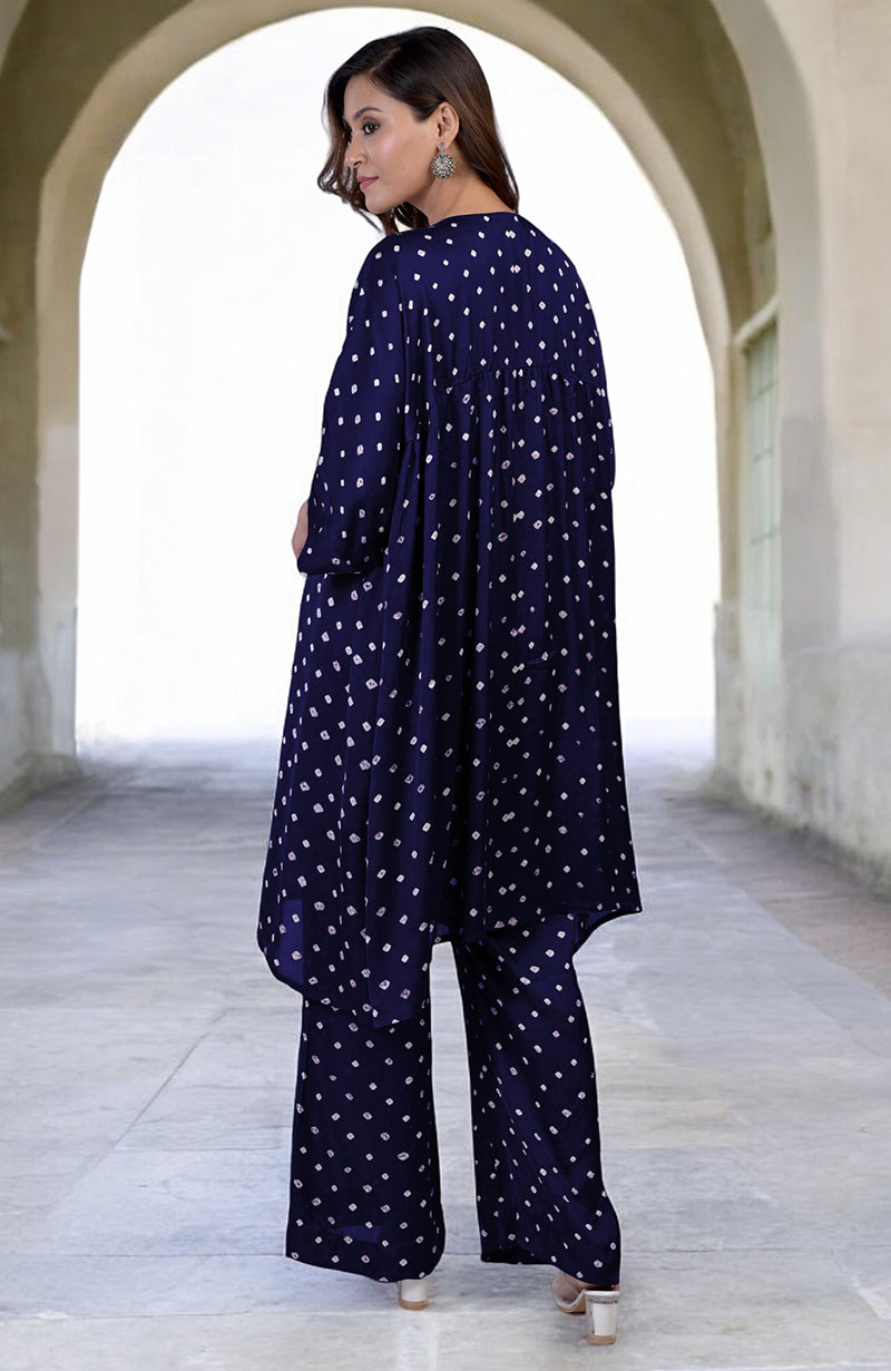 Navy blue handcrafted bandhej co-ord set with embroidered placket and matching pants.