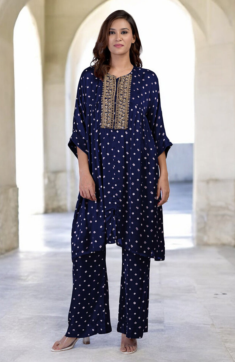 Plum handcrafted bandhej embroidered co-ord set with matching pants.