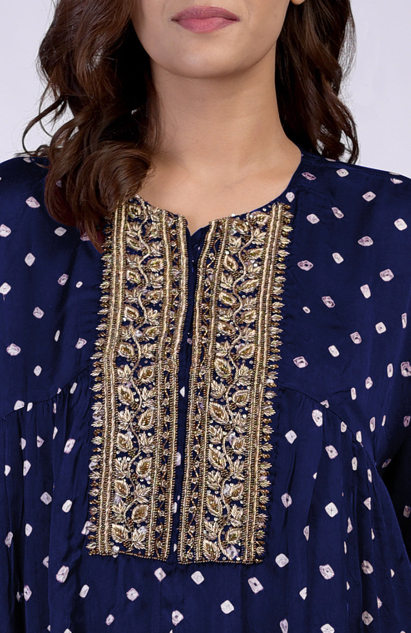Navy blue bandhej co-ord set with floral zardozi embroidery on the placket.