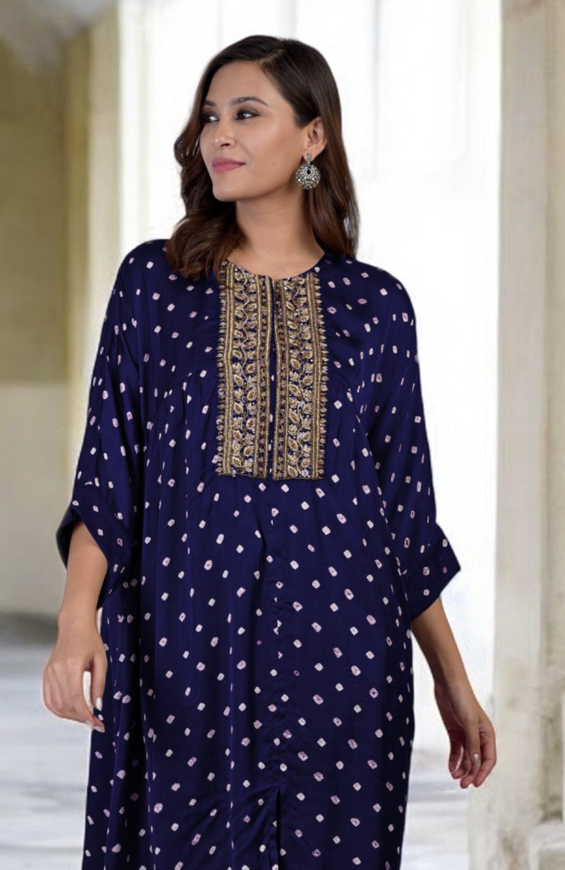 Navy blue bandhej co-ord set with floral zardozi embroidery.