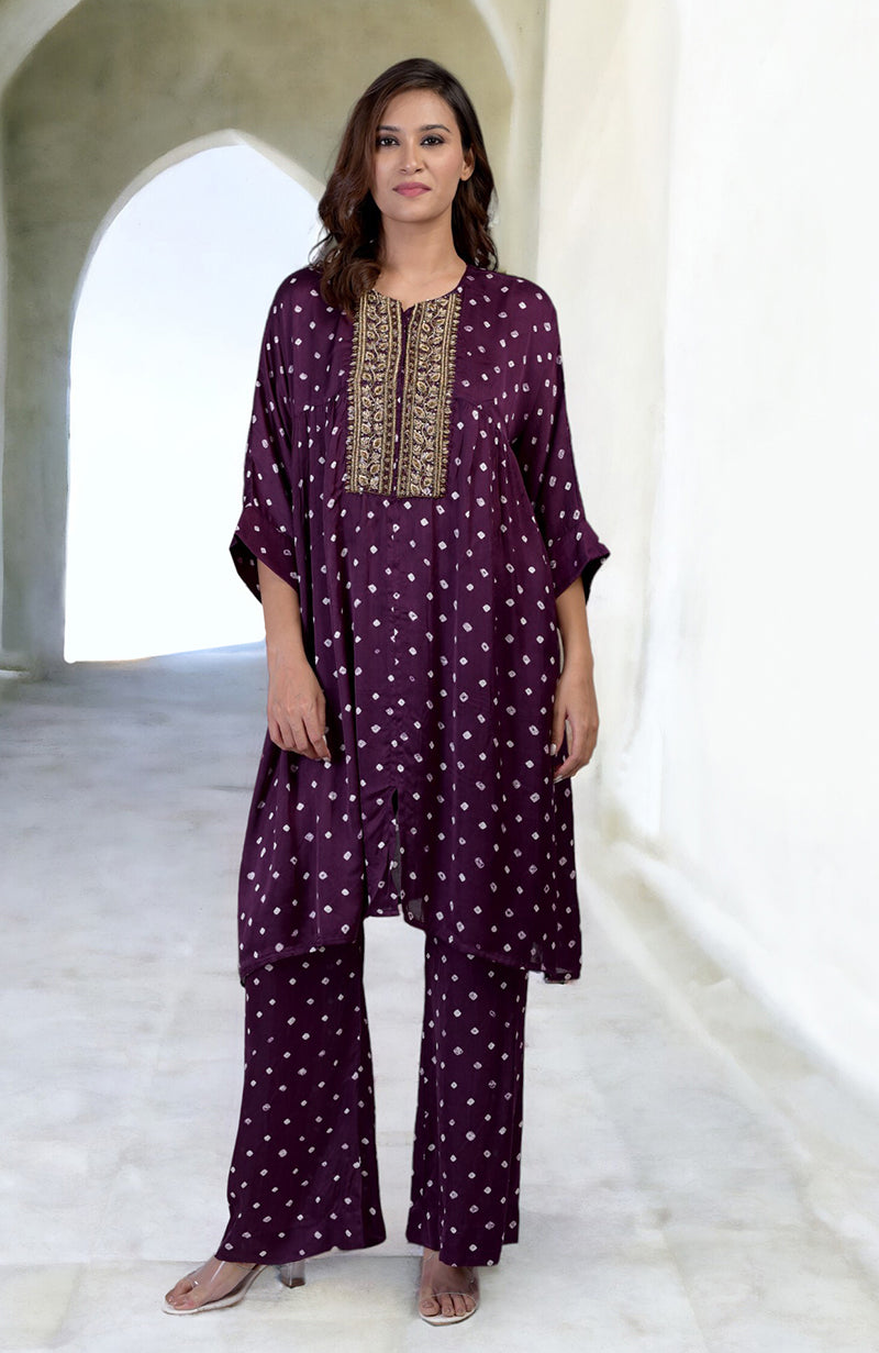 Plum handcrafted bandhej embroidered co-ord set with floral zardozi embroidery.