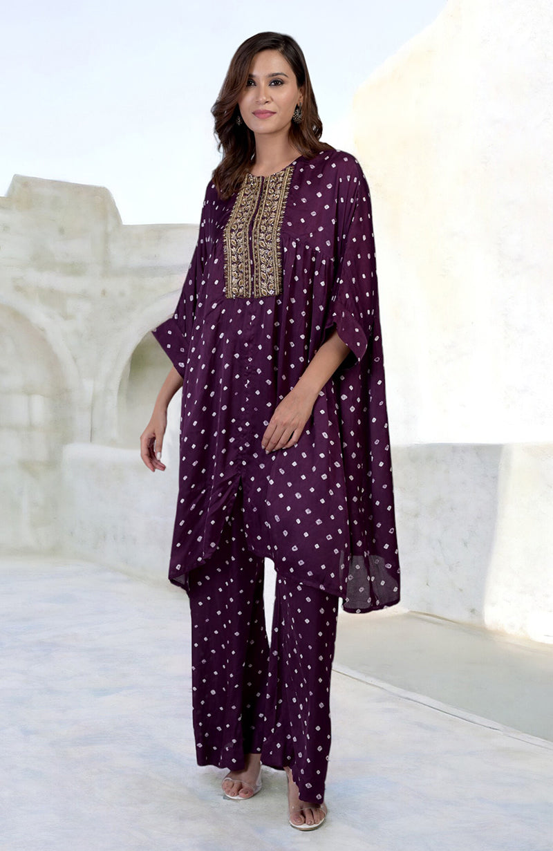 Plum bandhej co-ord set with floral zardozi embroidery and matching pants.