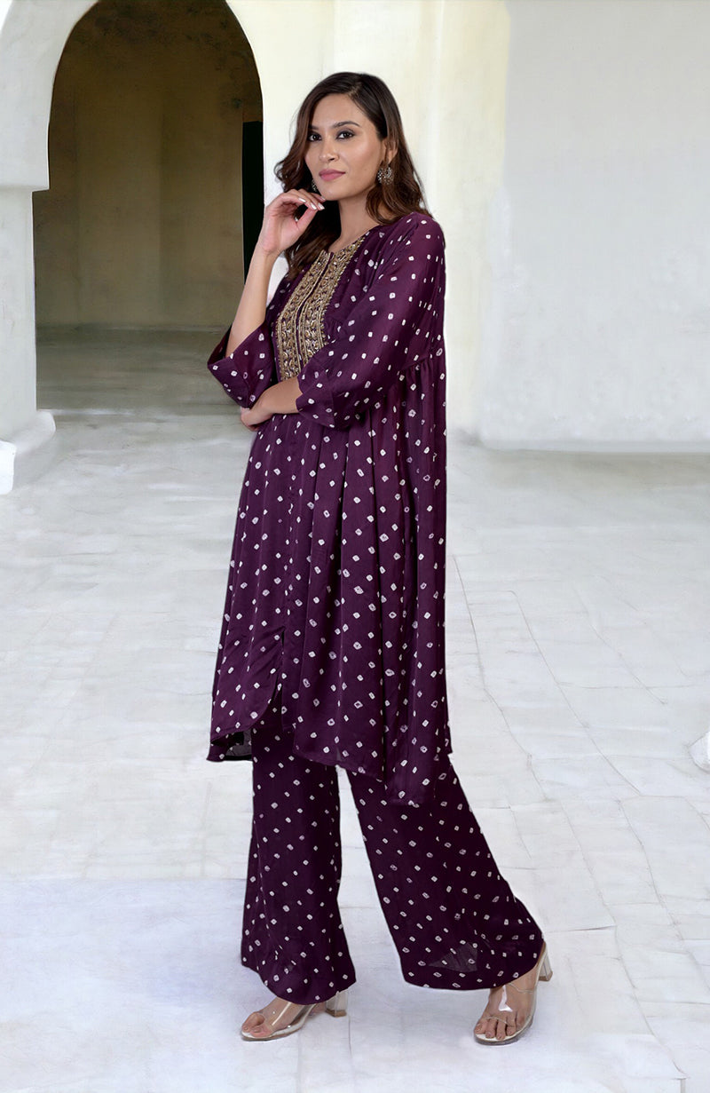 Plum bandhej co-ord set with floral zardozi embroidery.