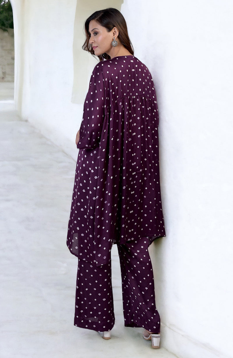Plum handcrafted bandhej embroidered co-ord set with a woman facing away.