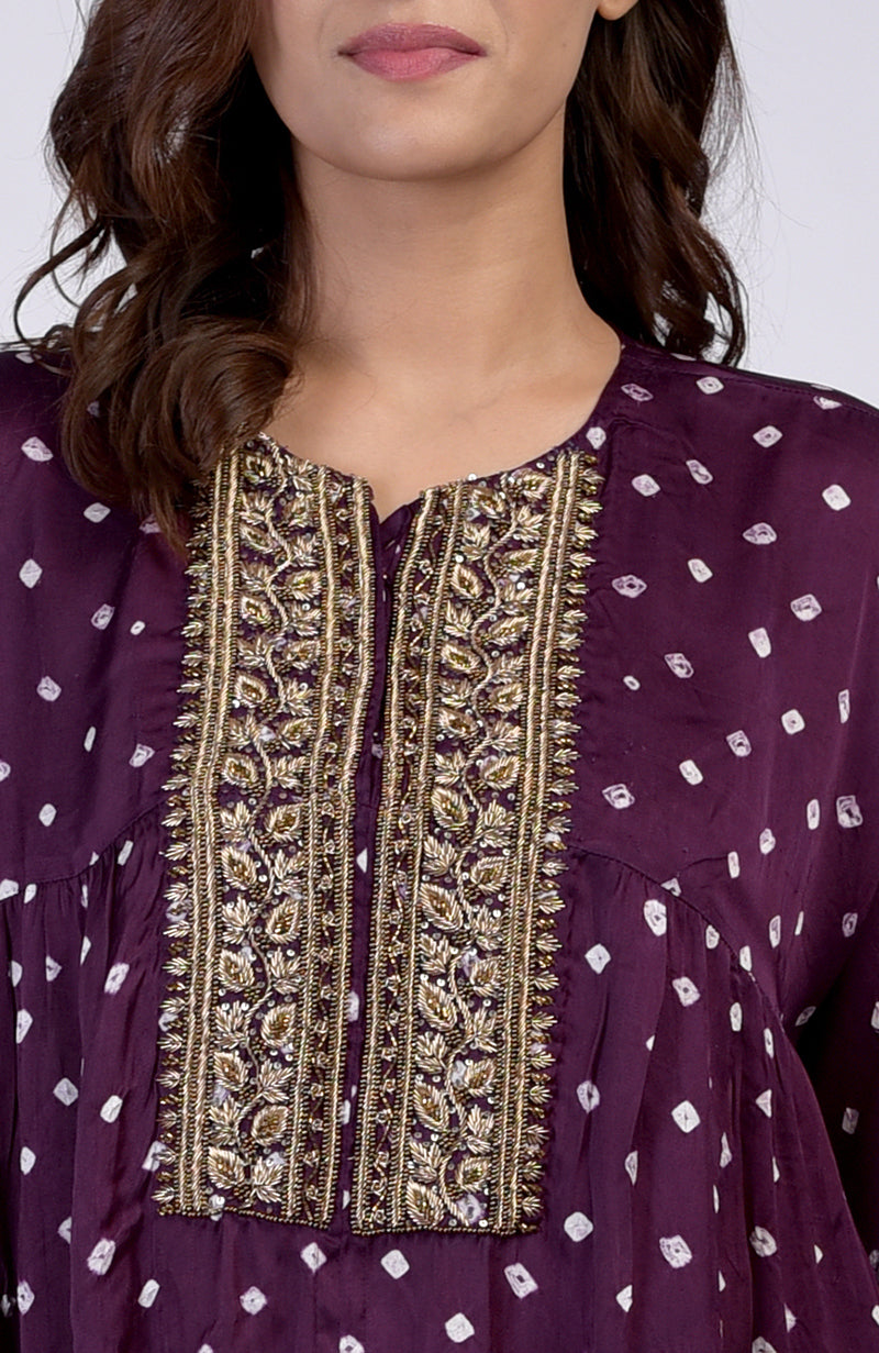 Plum bandhej co-ord set with floral zardozi embroidery on the placket.