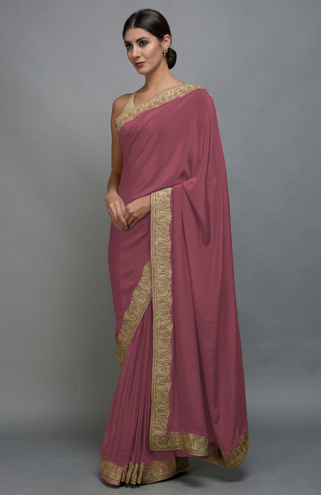 China rose pure crepe saree with Kashmiri tilla aari embroidered borders.