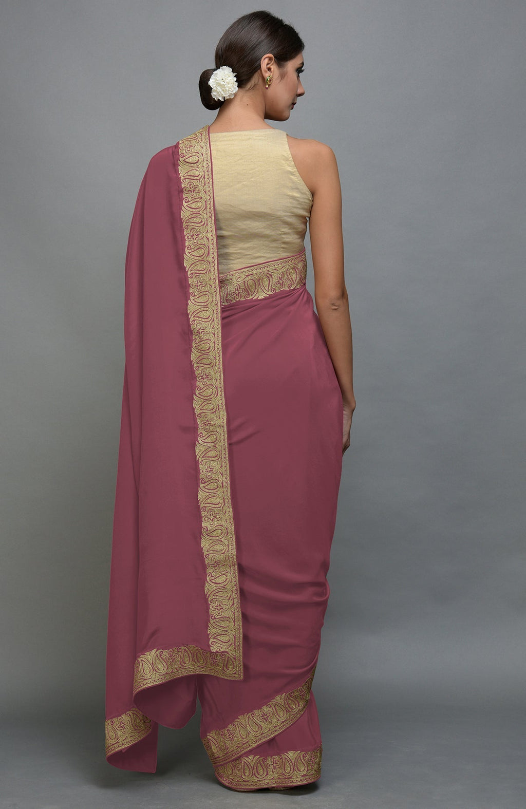 China rose pure crepe saree with Kashmiri tilla aari embroidered paisley borders.