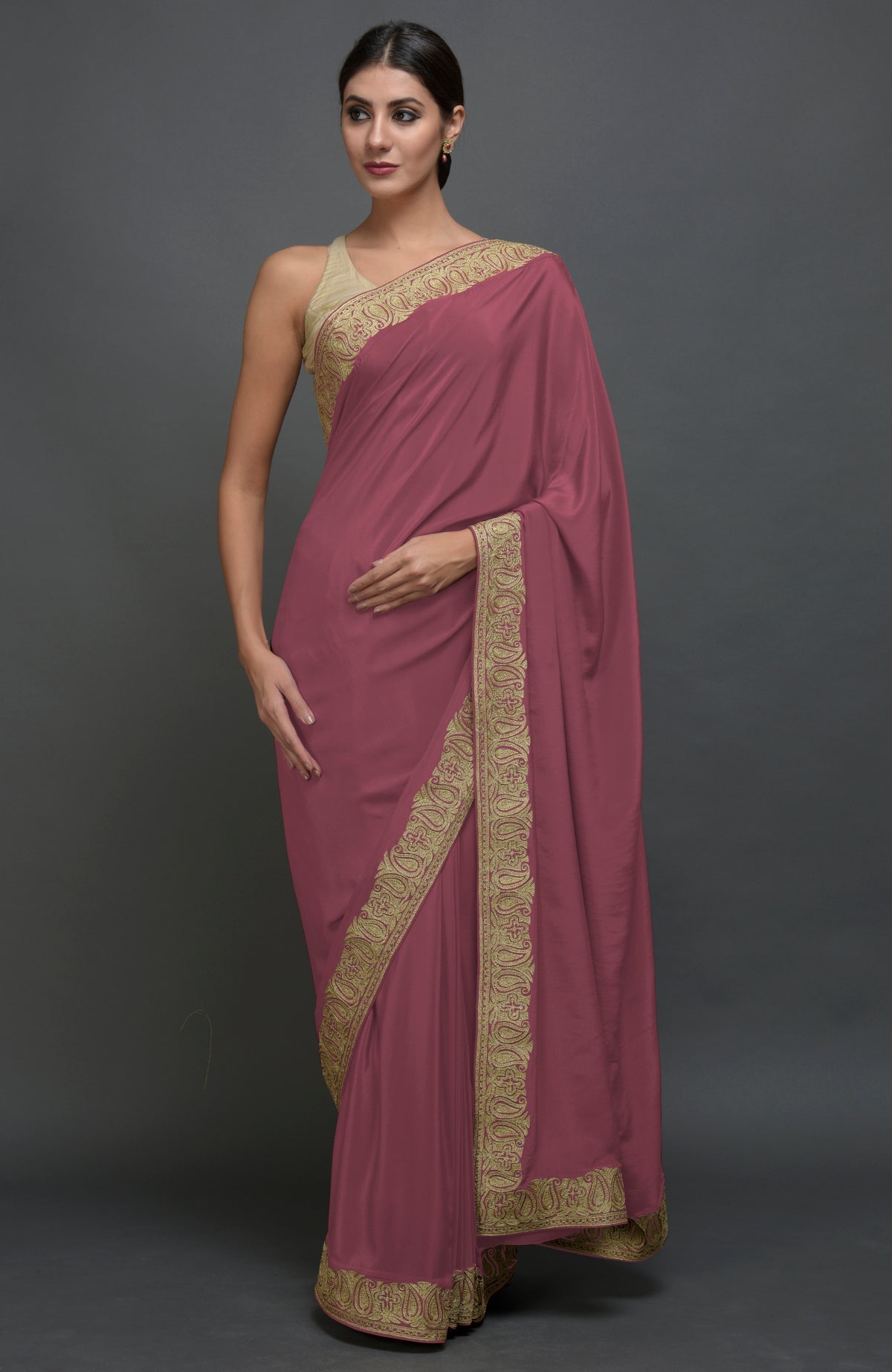 China rose pure crepe saree with Kashmiri tilla aari embroidered paisley borders.