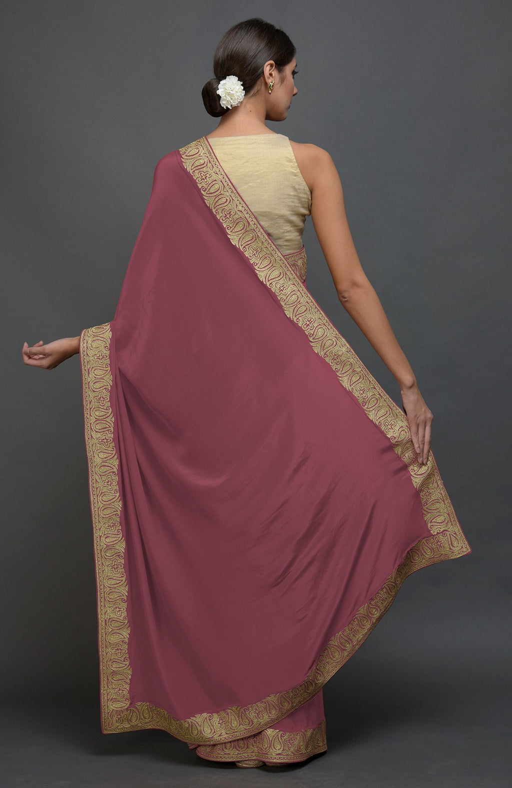China rose pure crepe saree with Kashmiri tilla aari embroidered paisley borders.