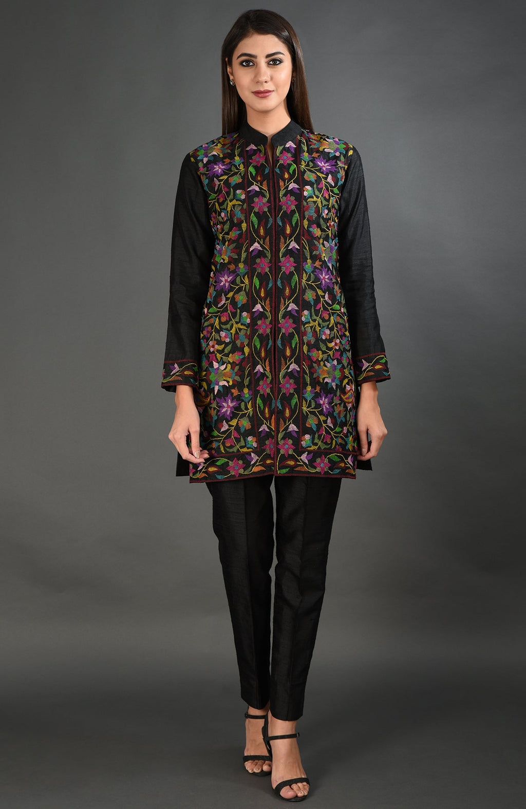 Black Kashmir Kani Art embroidered jacket with colorful floral patterns.
