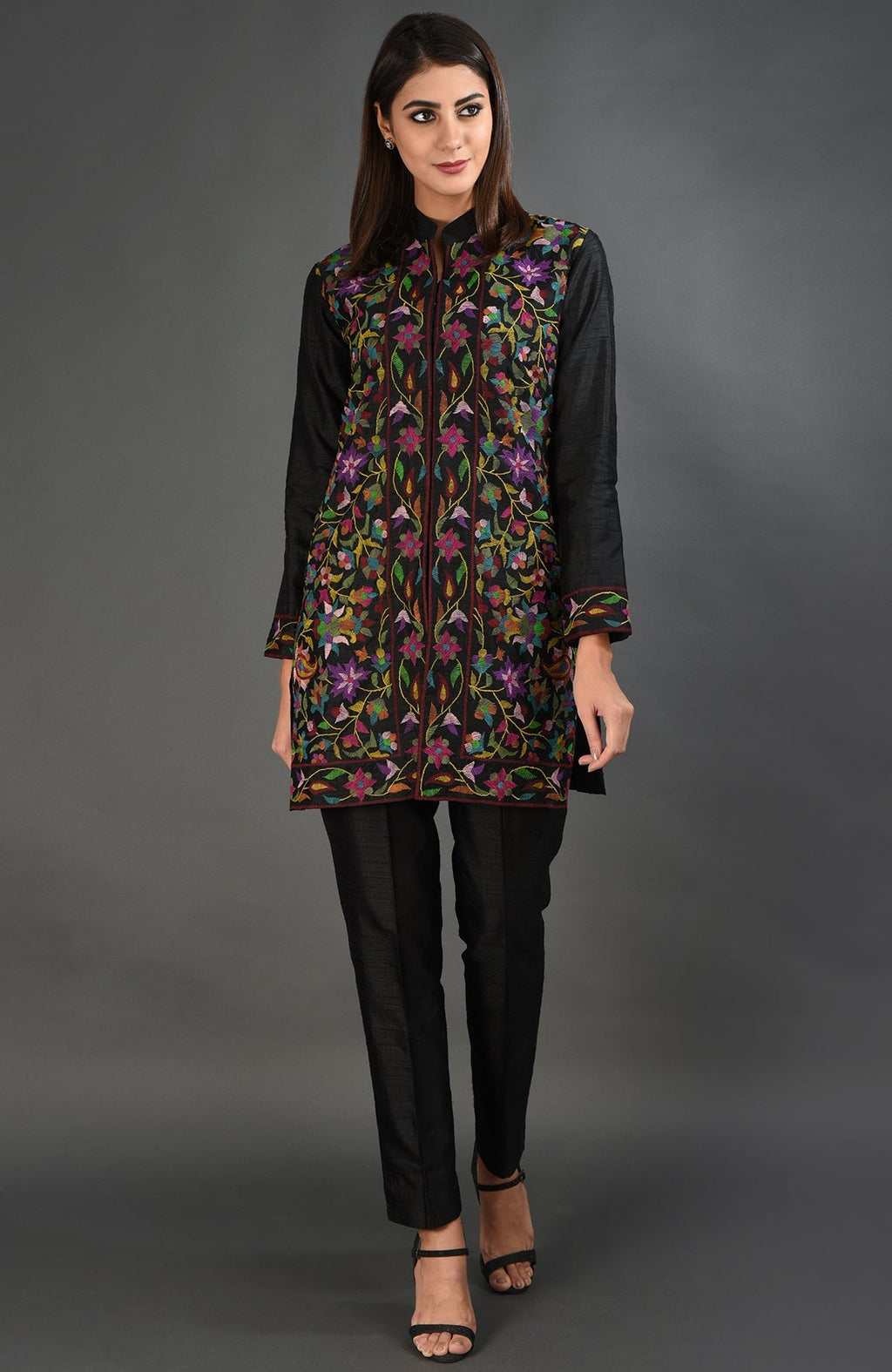 Black raw silk jacket with colorful floral Kani art embroidery.