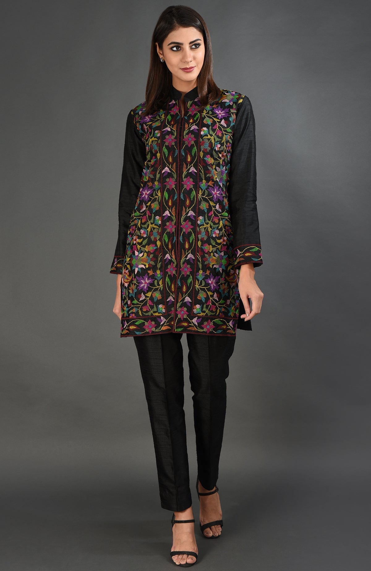 Black raw silk jacket with colorful floral Kani art embroidery.