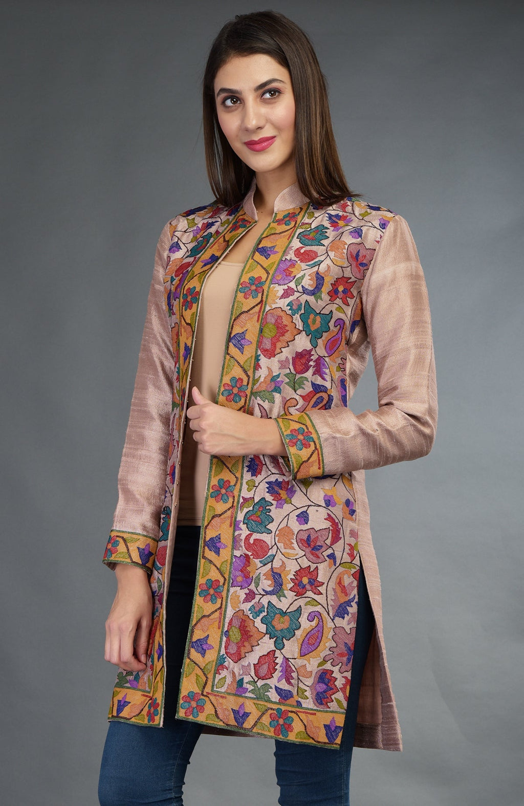 Rosy brown jacket with colorful floral and paisley Kani art embroidery.