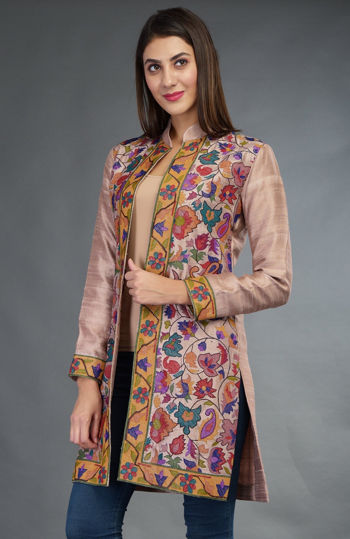 Rosy brown jacket with colorful floral and paisley Kani art embroidery.