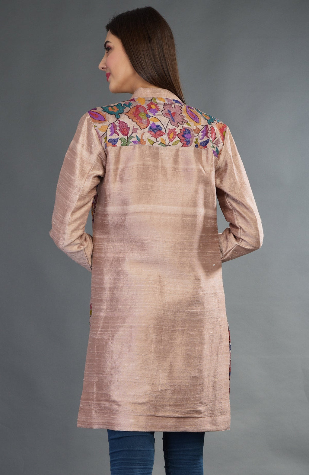 Rosy brown raw silk jacket with colorful floral Kani art embroidery on the back yoke.
