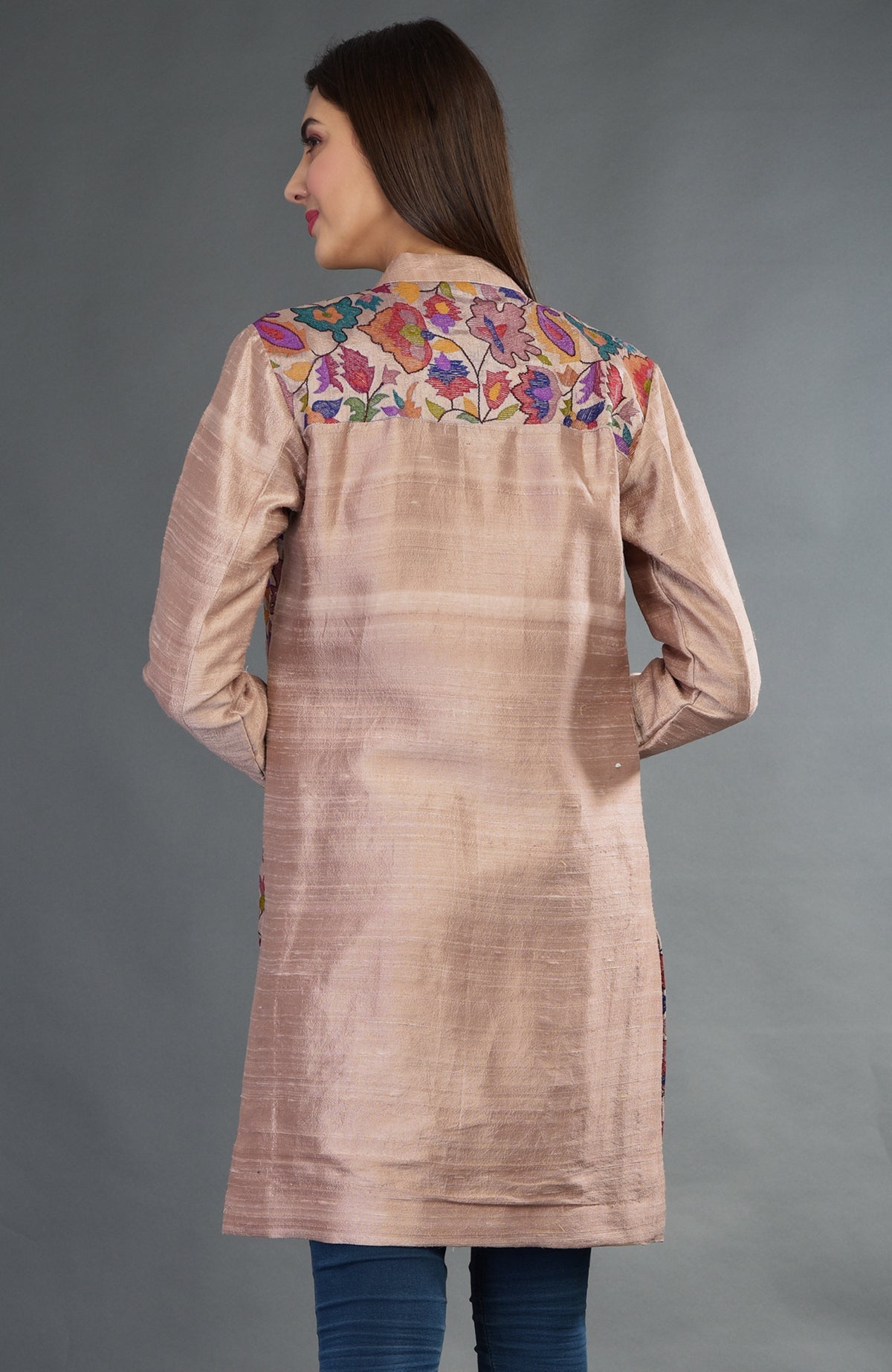 Rosy brown raw silk jacket with colorful floral Kani art embroidery on the back yoke.