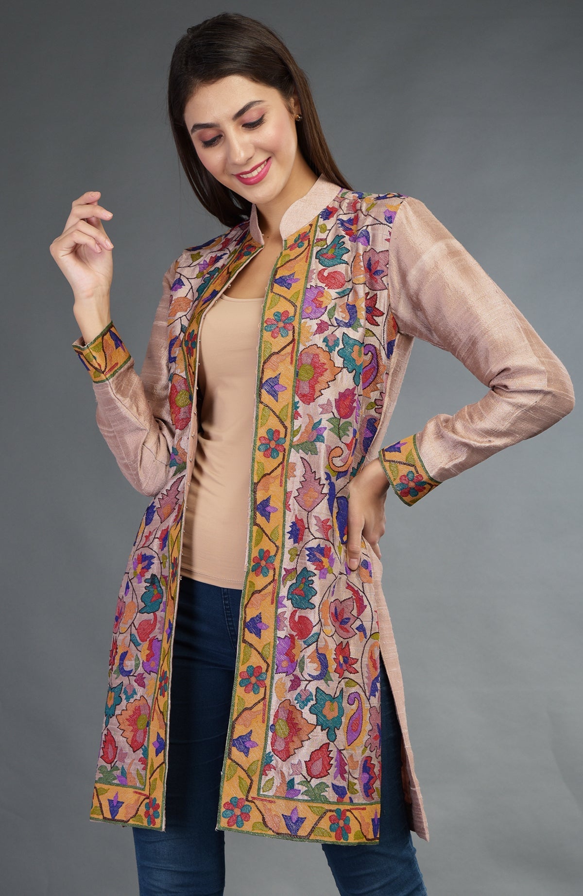 Rosy brown jacket with colorful floral and paisley Kani art embroidery.