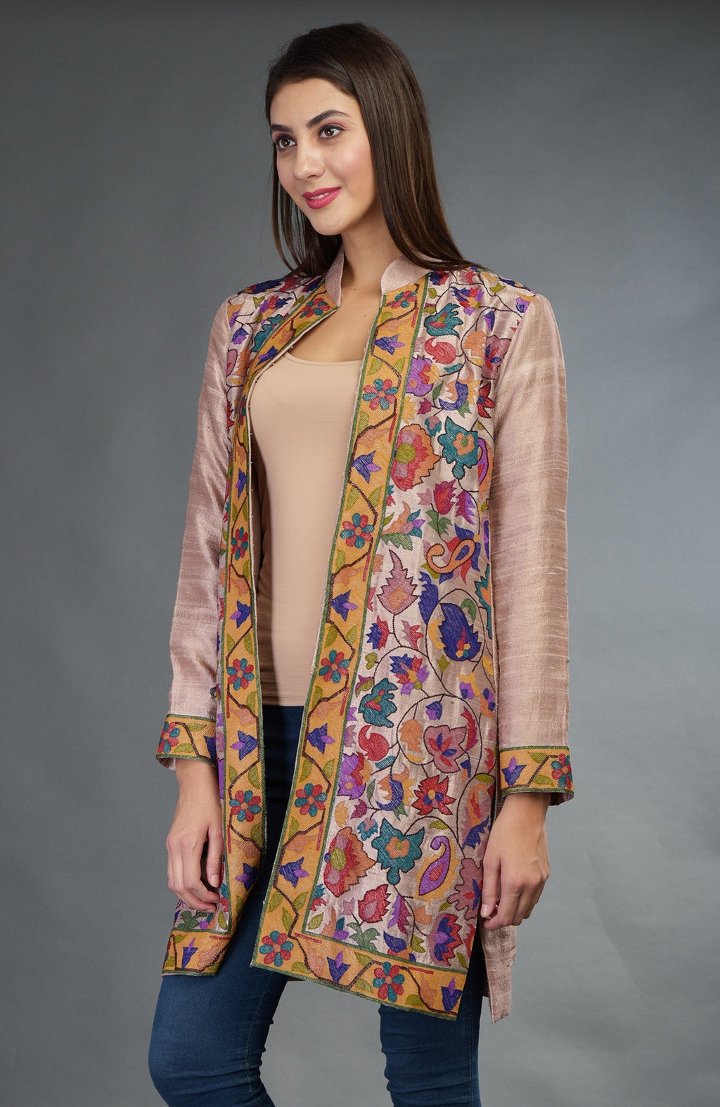 Rosy brown raw silk jacket with colorful Kani art floral and paisley embroidery.
