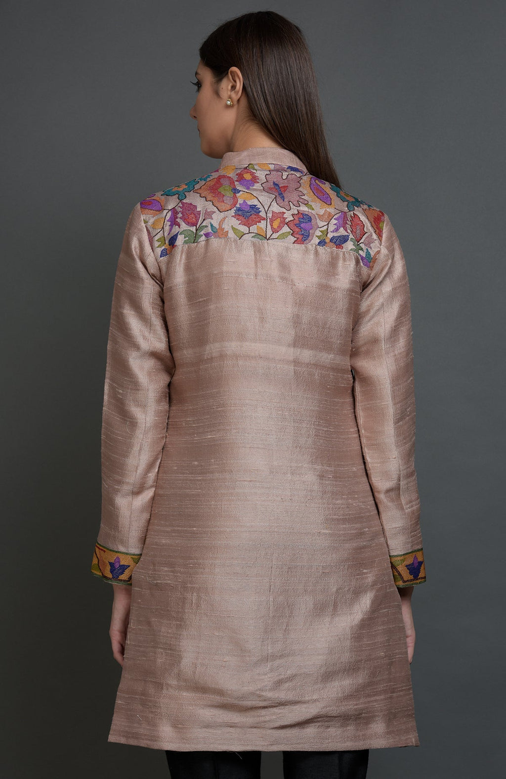 Rosy brown raw silk jacket with colorful floral embroidery on the back yoke and cuffs.