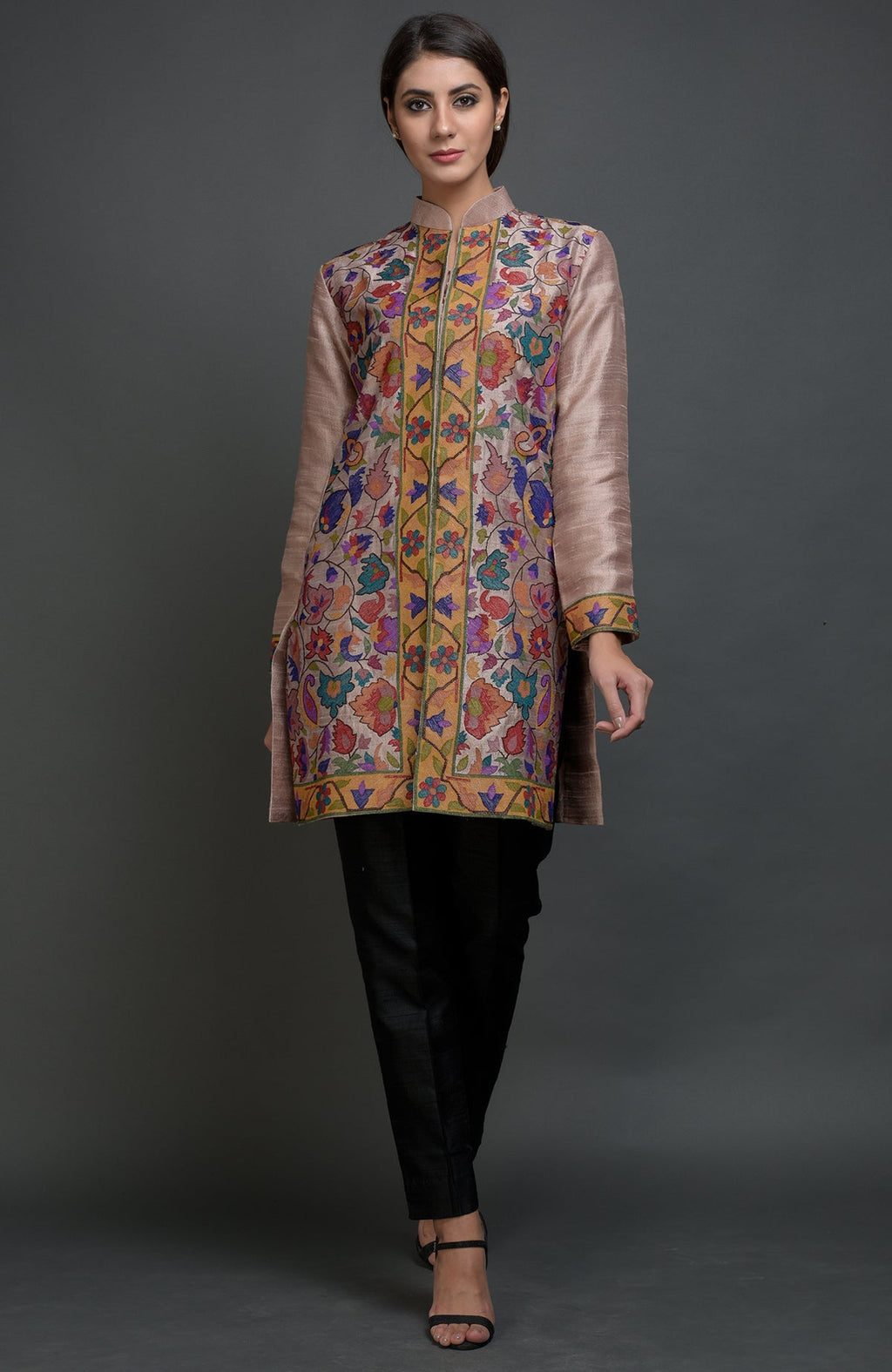 Rosy brown jacket with colorful floral and paisley Kani art embroidery.