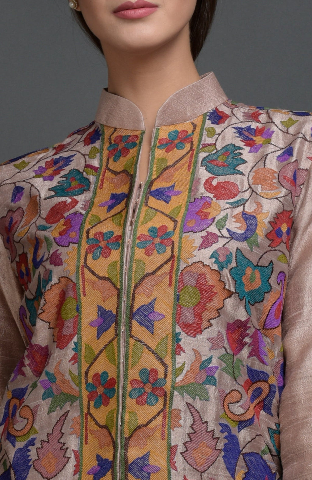 Rosy brown jacket with colorful floral and paisley Kani art embroidery.