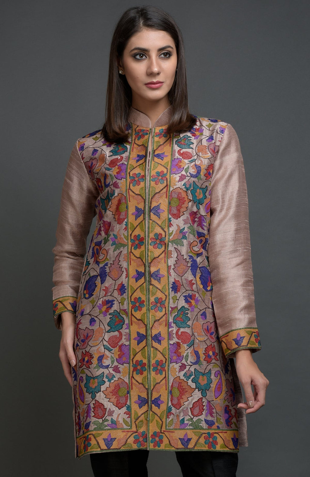 Rosy brown raw silk jacket with colorful floral and paisley Kani art embroidery.