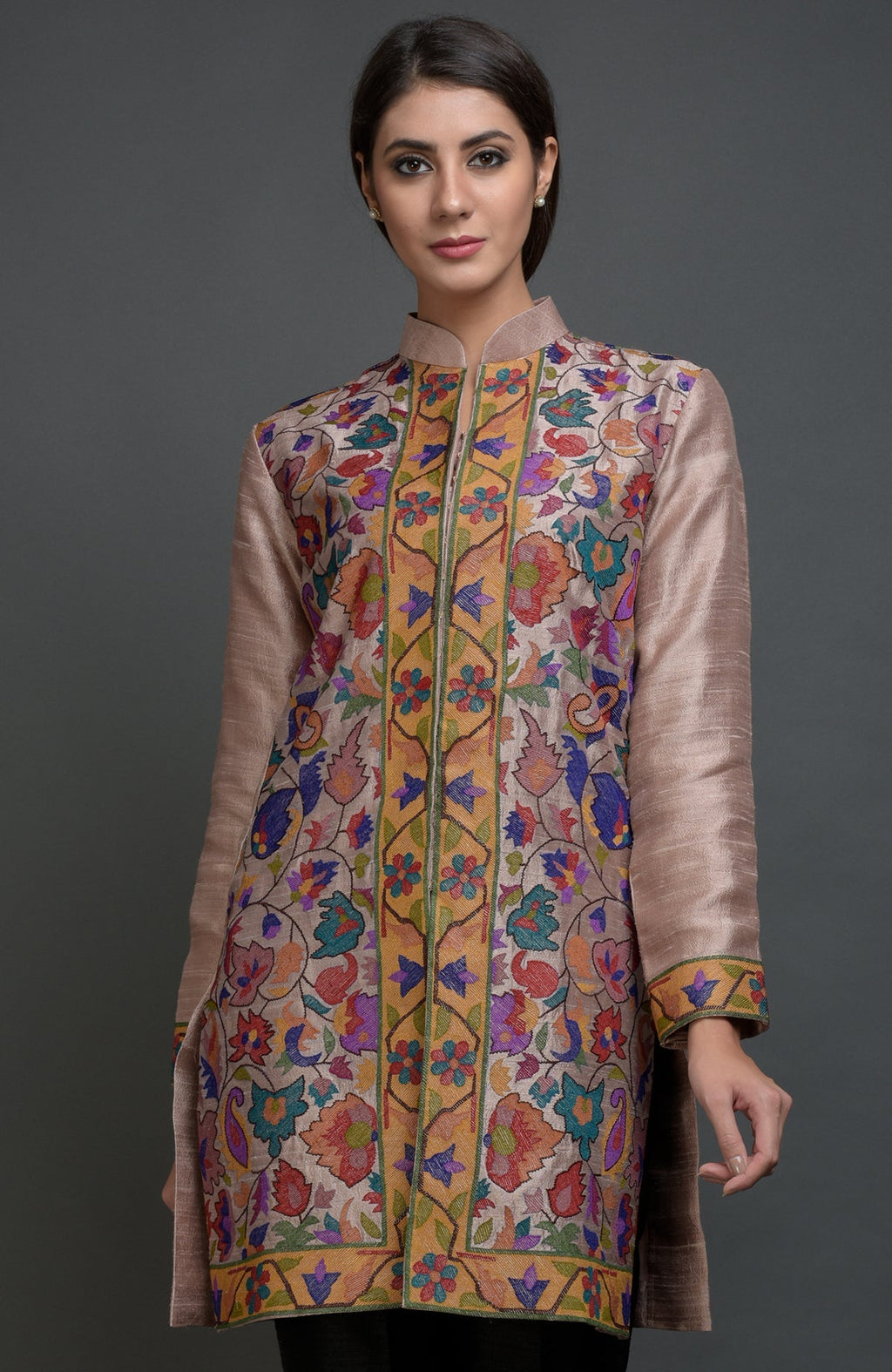 Rosy brown Kashmir Kani art embroidered jacket with colorful floral and paisley patterns.