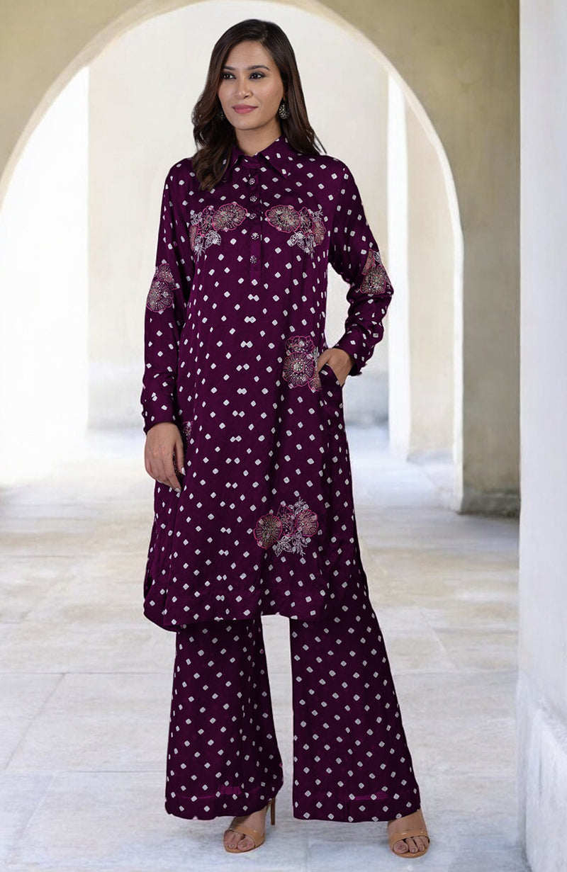Plum handcrafted bandhej co-ord set with floral silk thread embroidery.