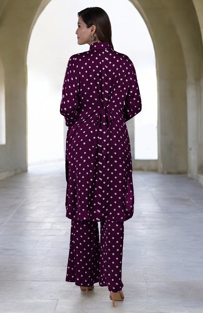Plum handcrafted bandhej embroidered co-ord set with matching pants.