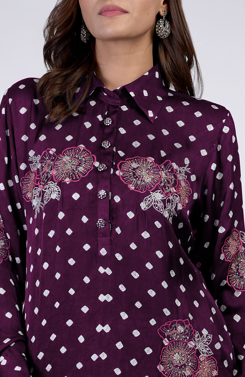 Plum bandhej co-ord set with floral silk thread embroidery and embellished buttons.
