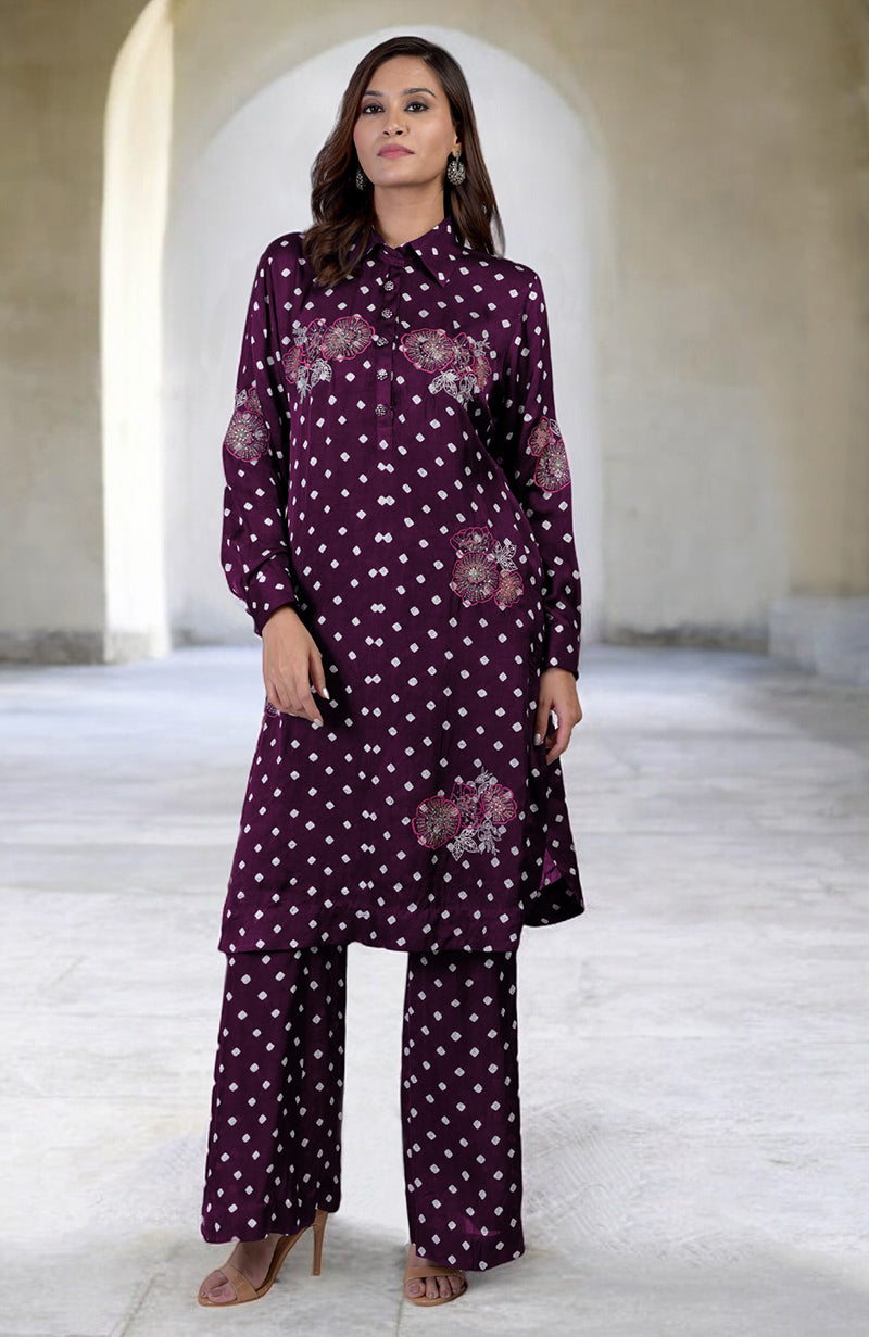 Plum bandhej co-ord set with floral silk thread embroidery.