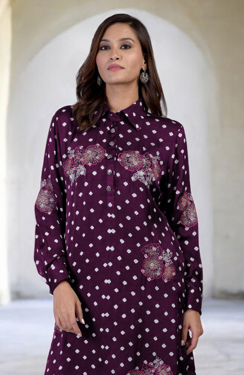 Plum handcrafted bandhej co-ord set with floral silk thread embroidery.
