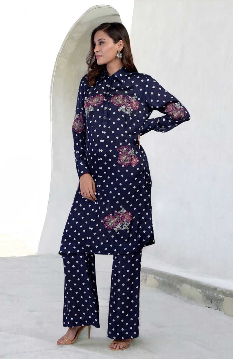 Navy blue bandhej co-ord set with floral embroidery.