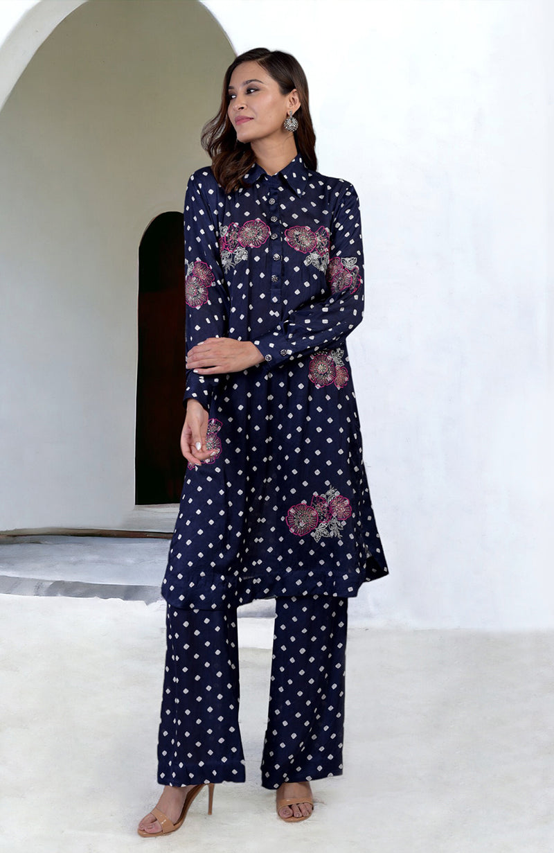 Navy blue handcrafted bandhej co-ord set with floral embroidery.