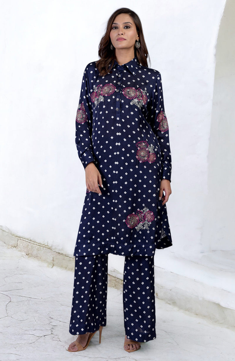 Navy blue bandhej co-ord set with floral embroidery.