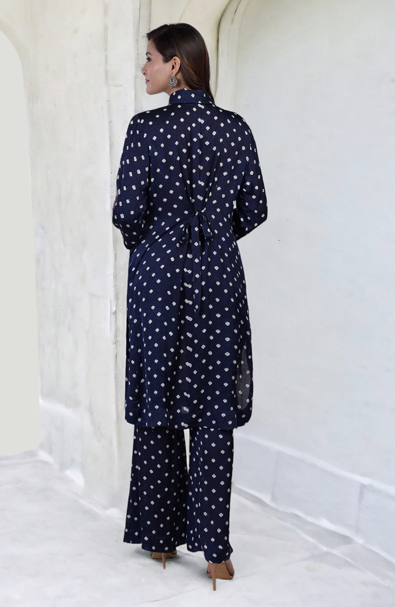 Navy blue handcrafted bandhej embroidered co-ord set with matching pants.