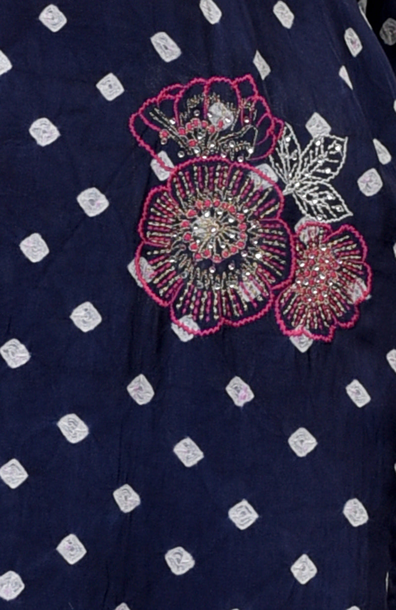 Navy blue bandhej co-ord set with pink and silver floral embroidery.