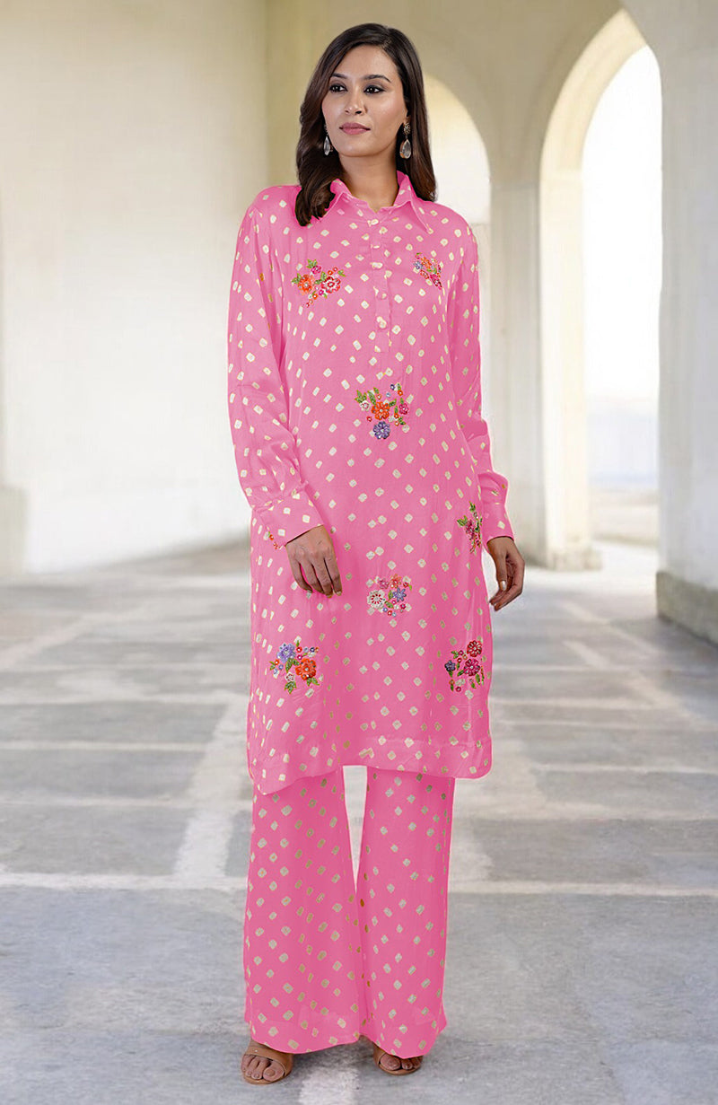 Charm pink handcrafted bandhej embroidered co-ord set with floral details.