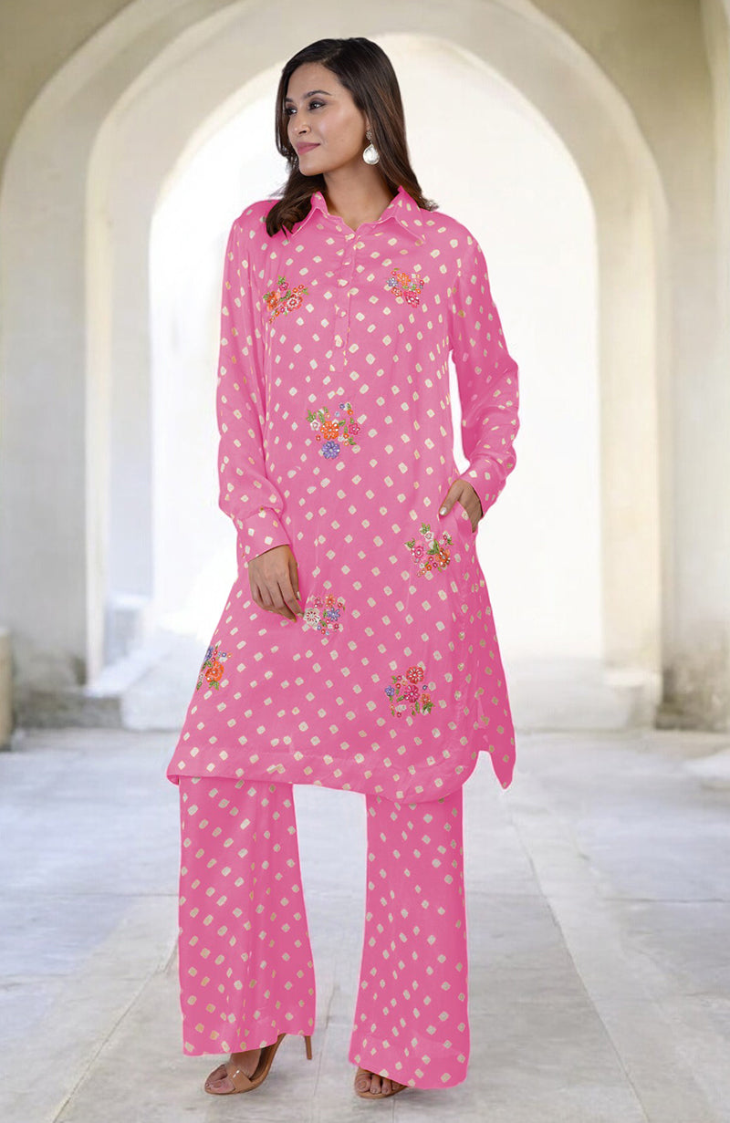 Pink bandhej embroidered co-ord set with floral embroidery.