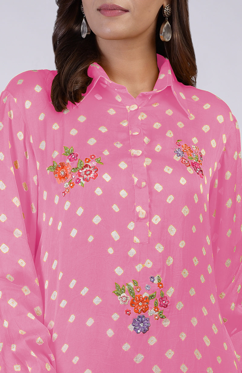 Charm pink bandhej co-ord set with floral embroidery.