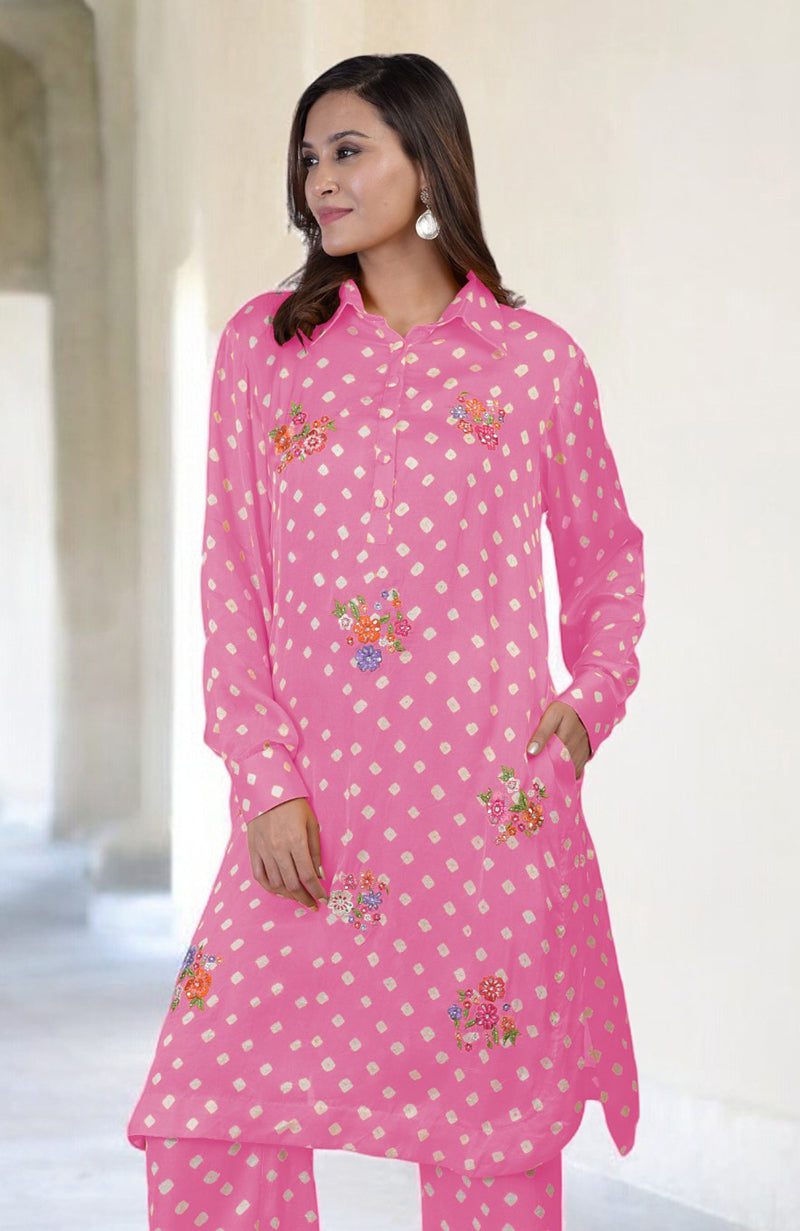 Charm Pink Handcrafted Bandhej Embroidered Co-Ord Set with floral embroidery.