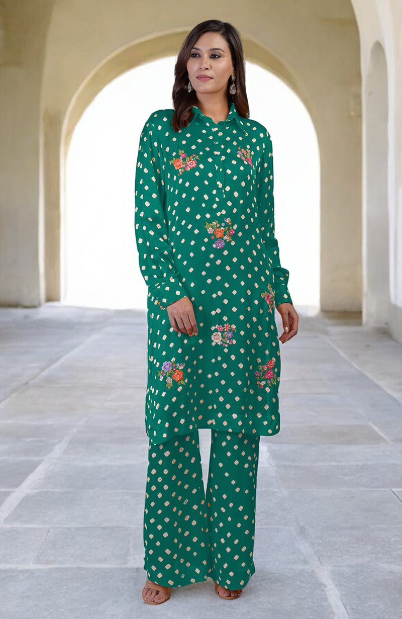 Emerald green handcrafted Bandhej co-ord set with floral embroidery.
