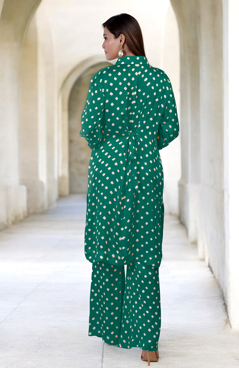 Emerald green handcrafted Bandhej embroidered co-ord set with matching pants.