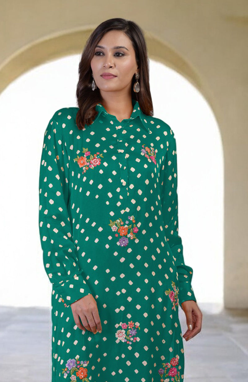 Emerald green bandhej co-ord set with floral embroidery.