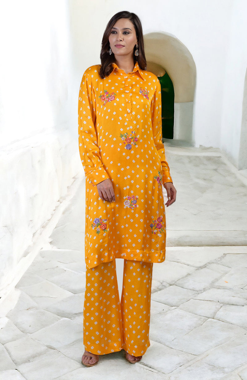 Turmeric yellow bandhej co-ord set with floral embroidery.